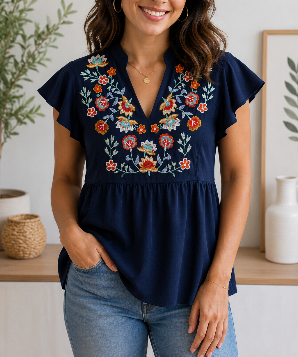Blue Ruffled Floral Embroidered Blouse
