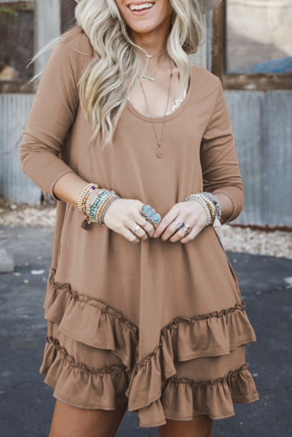 Brown Ruffle Hem Dress RTS