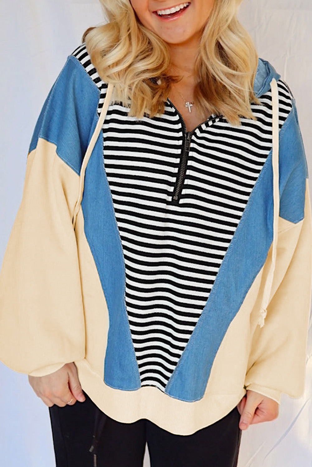 Stripe Denim Colorblock Hoodie LT