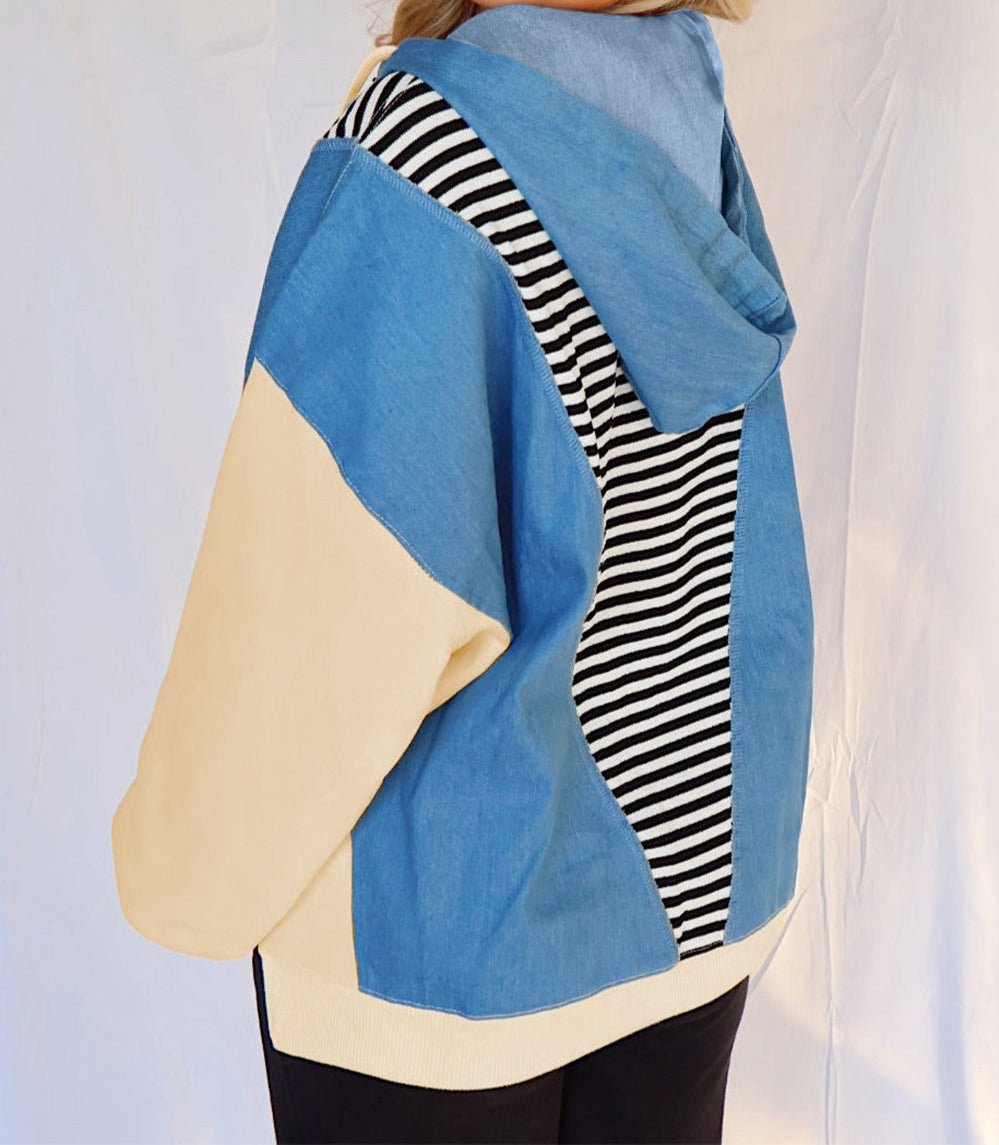 Stripe Denim Colorblock Hoodie LT