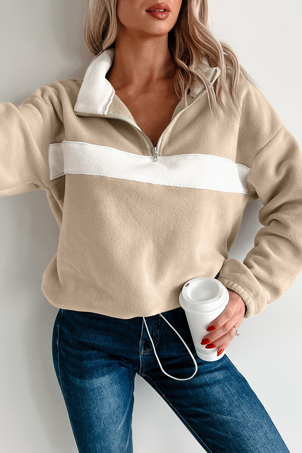Beige Fleece Zipped Pullover LT