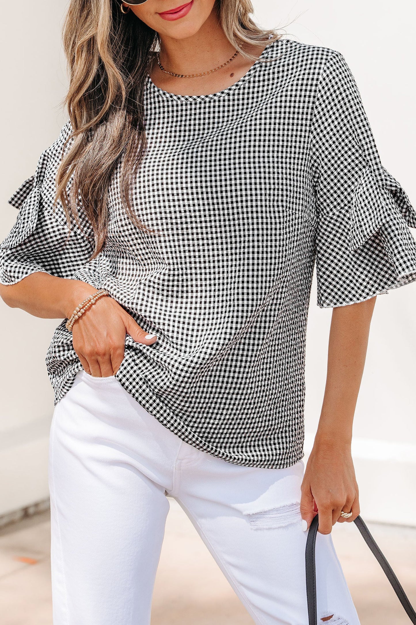 Black Plaid Bow Ruffled Blouse New RTS