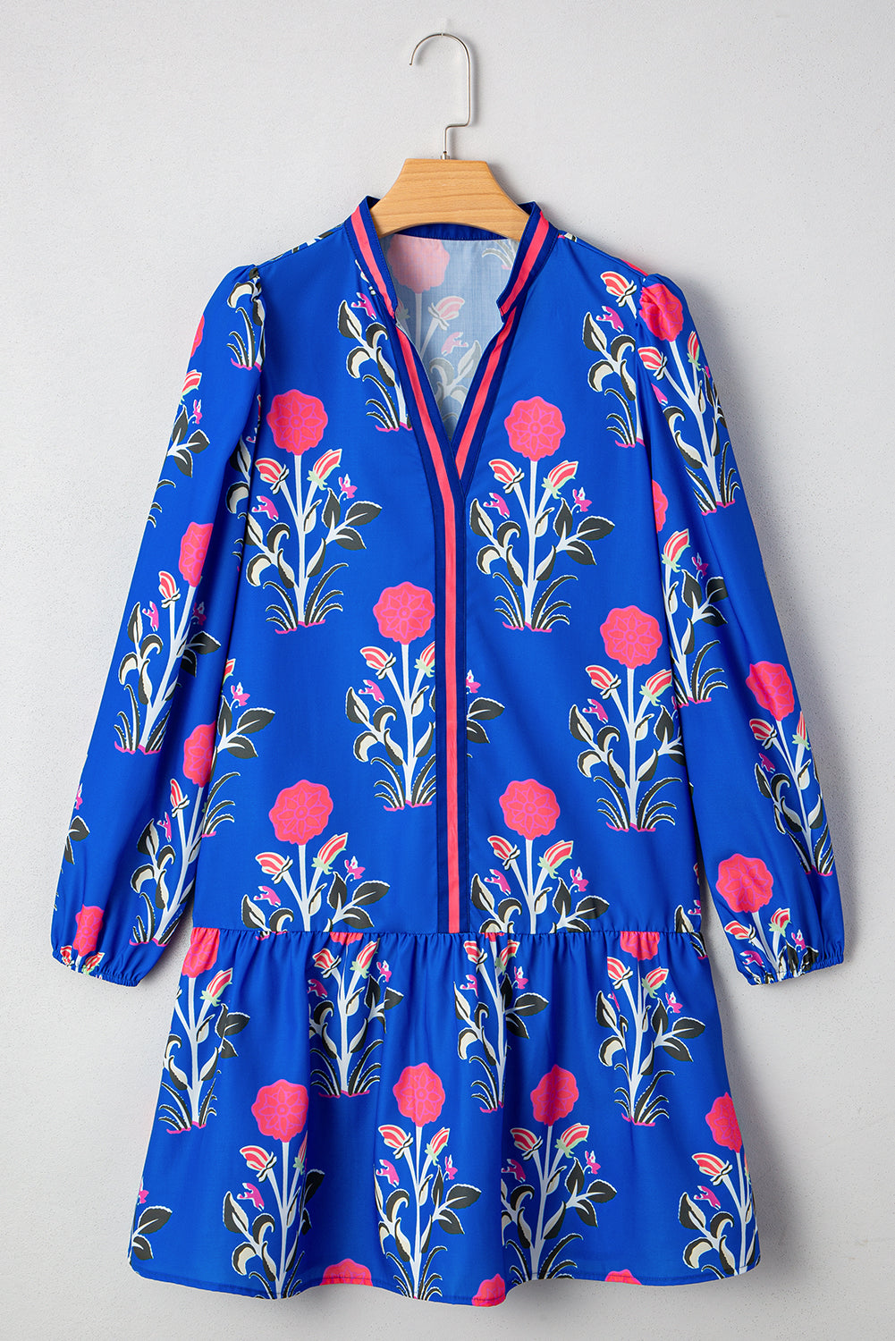 Blue Floral Notched Neck Dress RTS