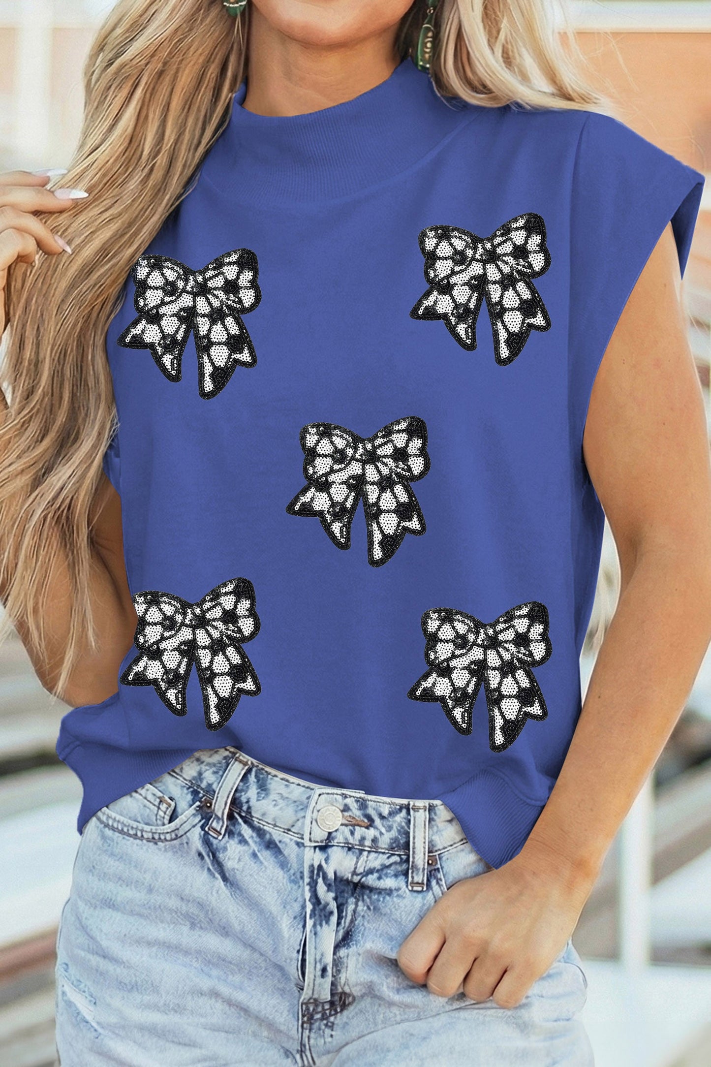 Blue Sequin Bow Top