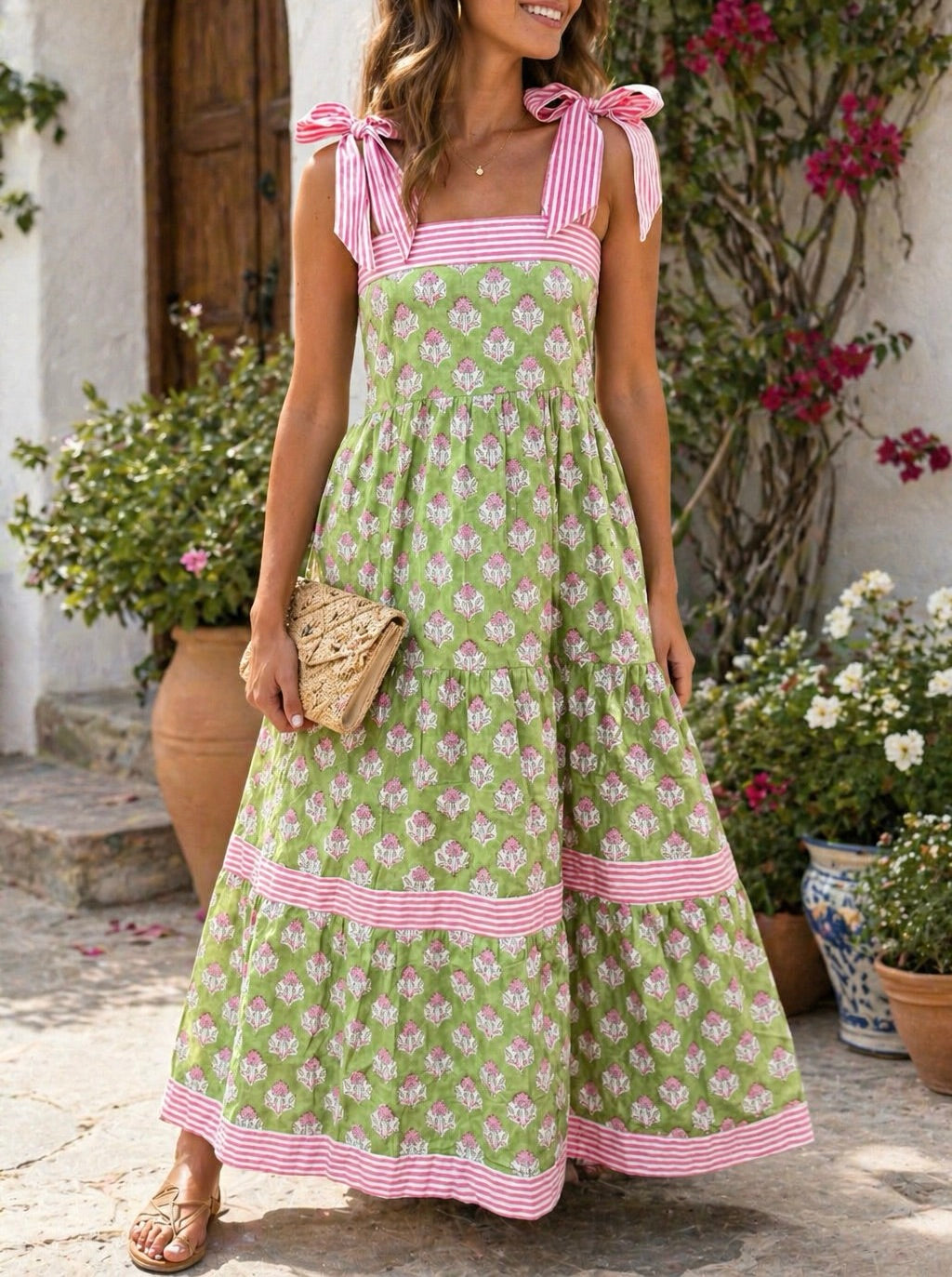 Green Floral Knot Strap Dress