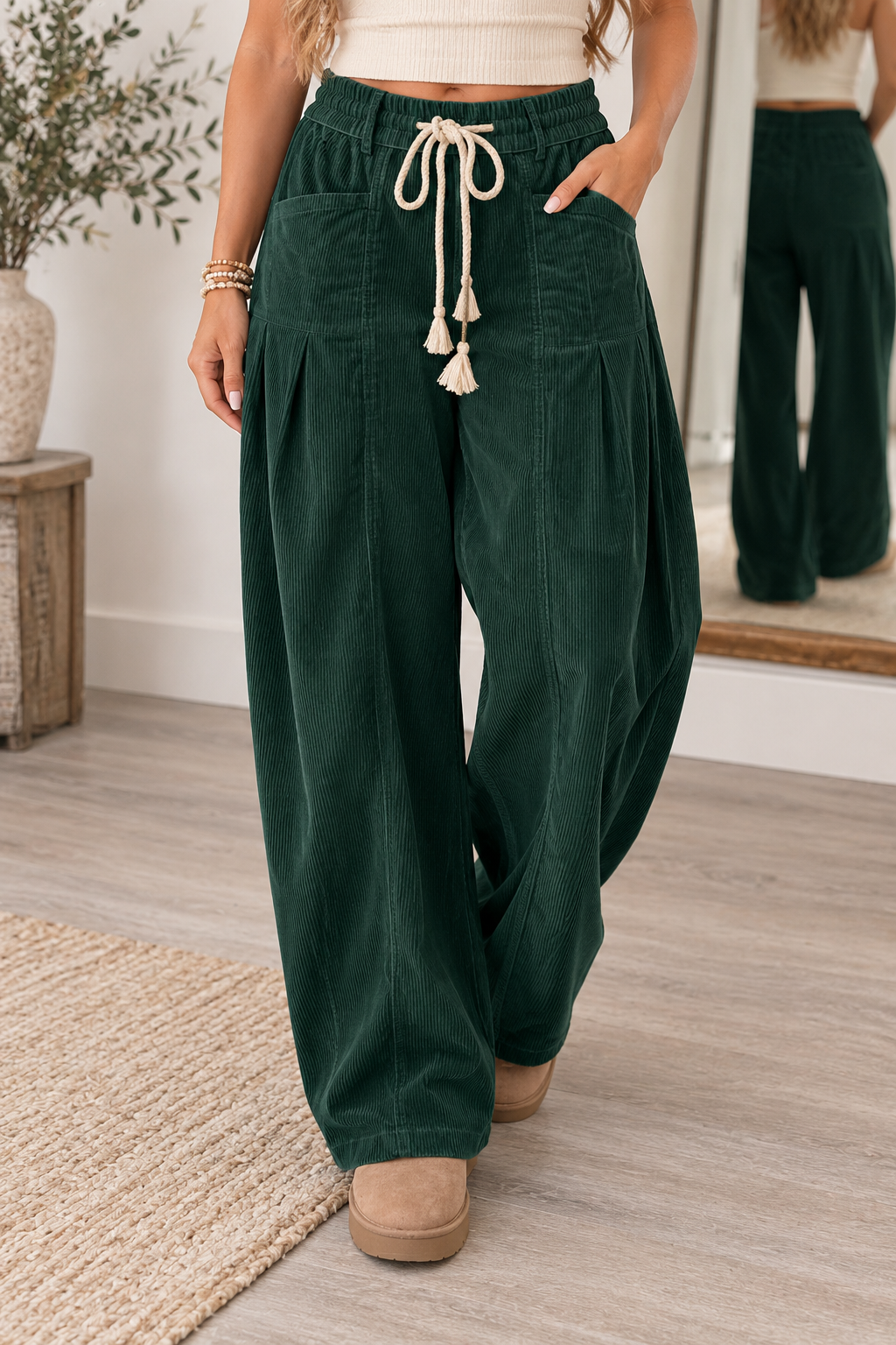 Green Elastic Corduroy Pants