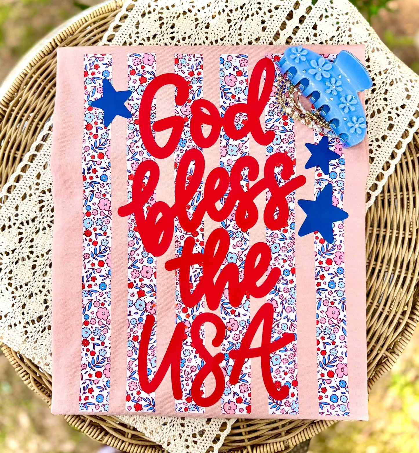 God Bless the USA Floral Striped Tee.