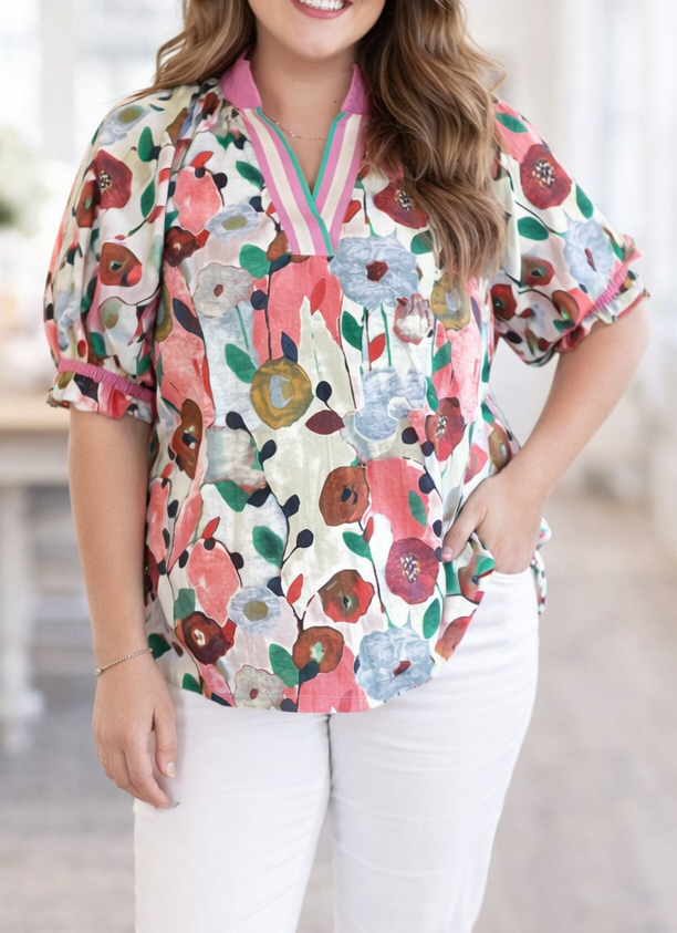 Plus Puff Sleeve Floral Blouse LT