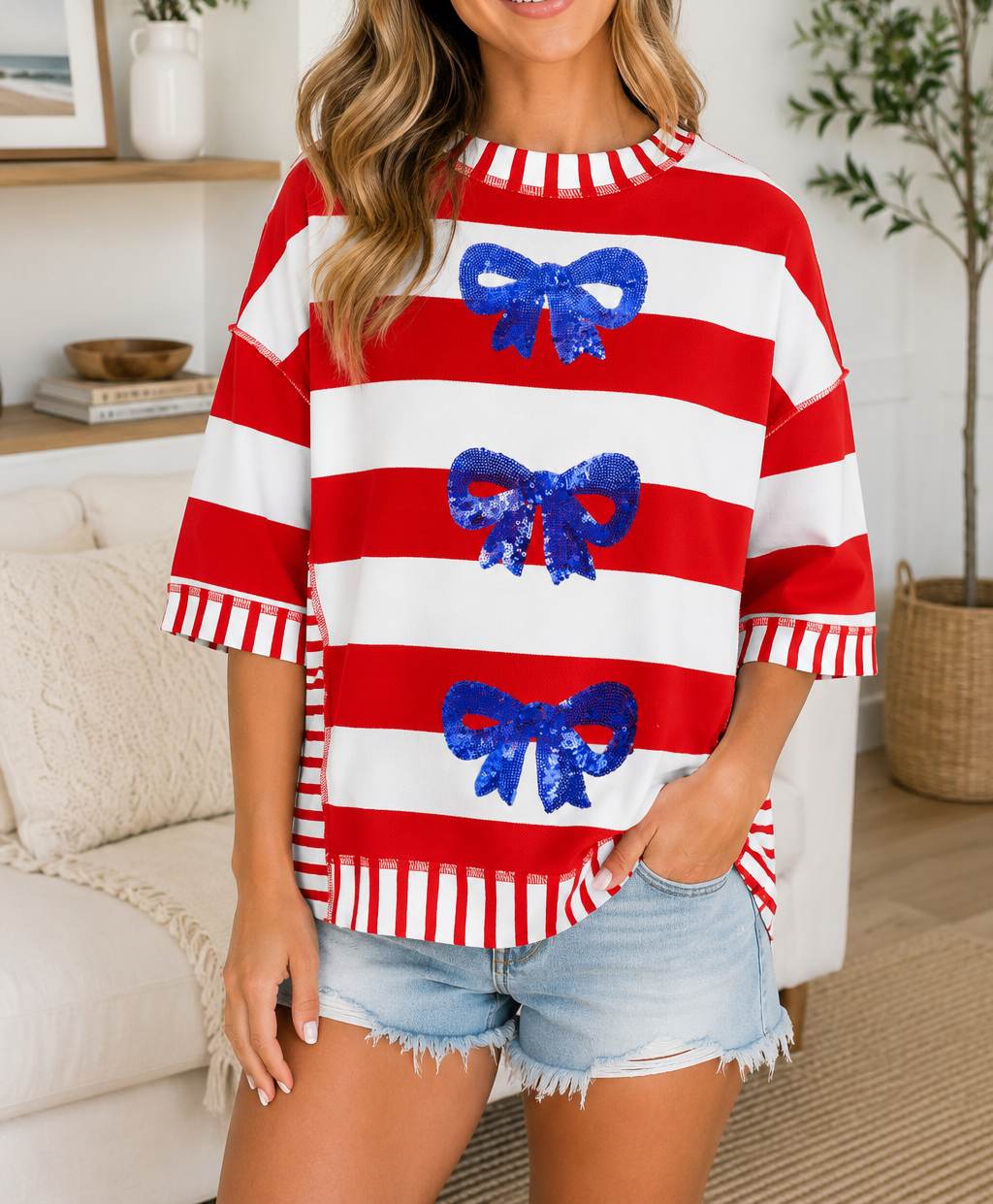 Red Stripe Bow Top