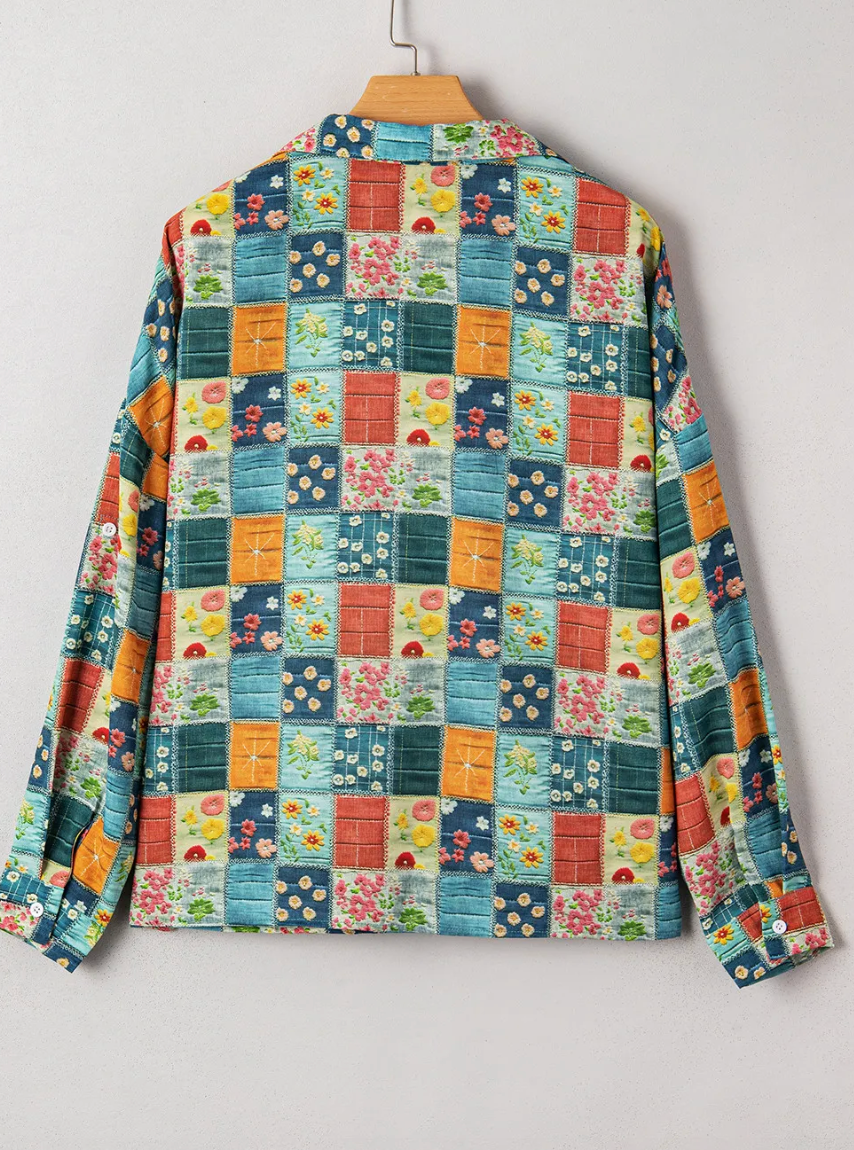Floral Patchwork V Neck Blouse