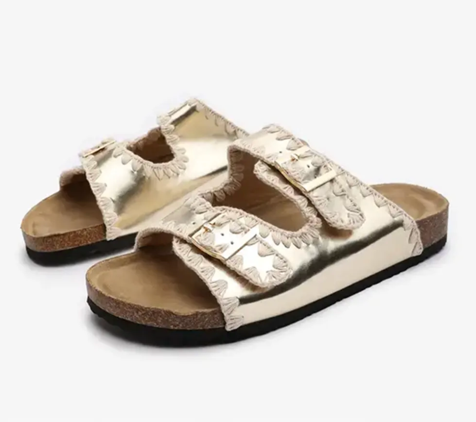 Gold Contrast Stitch Buckle Shoes