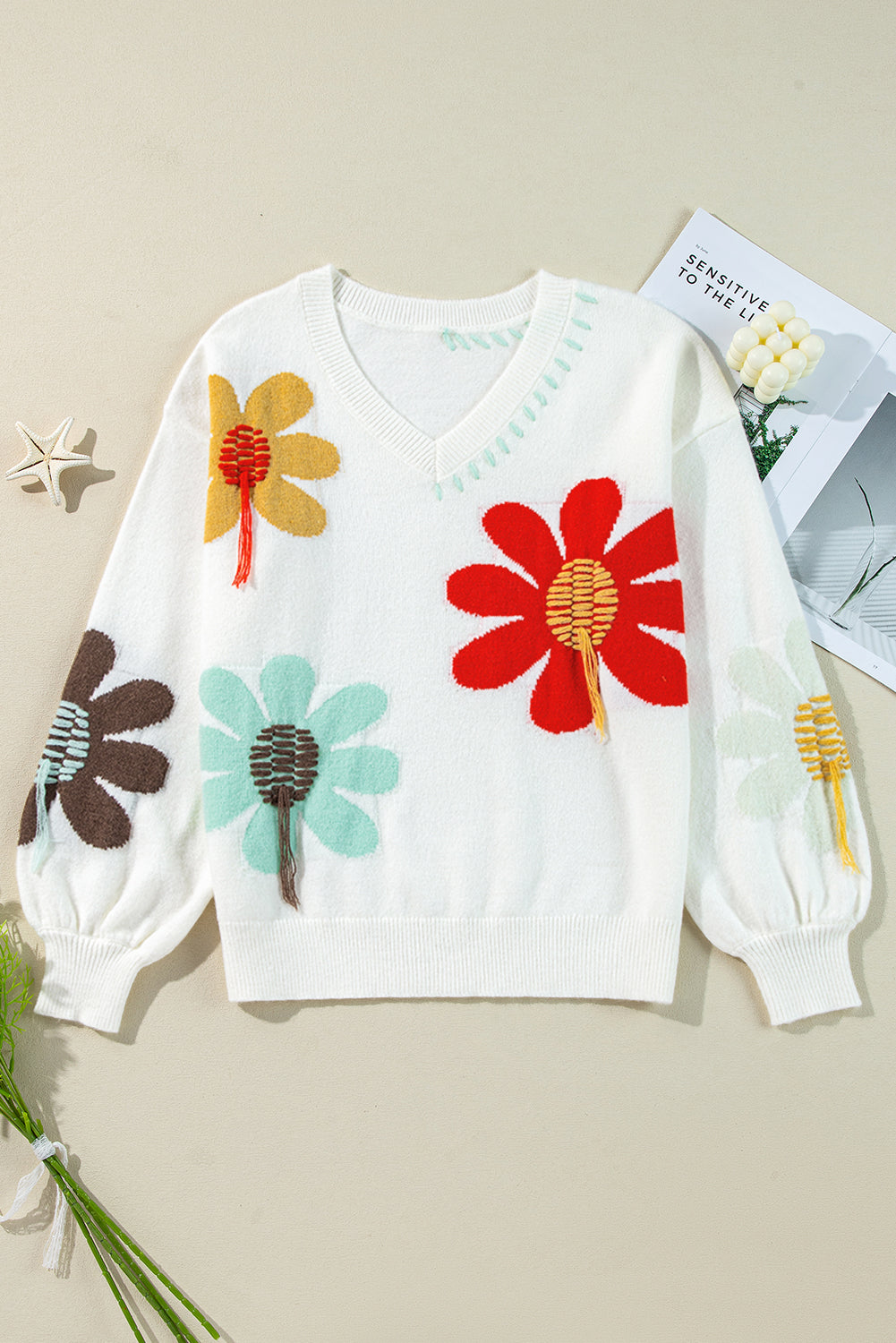 Big Flower Pattern V Neck Sweater *multiple colors* LT