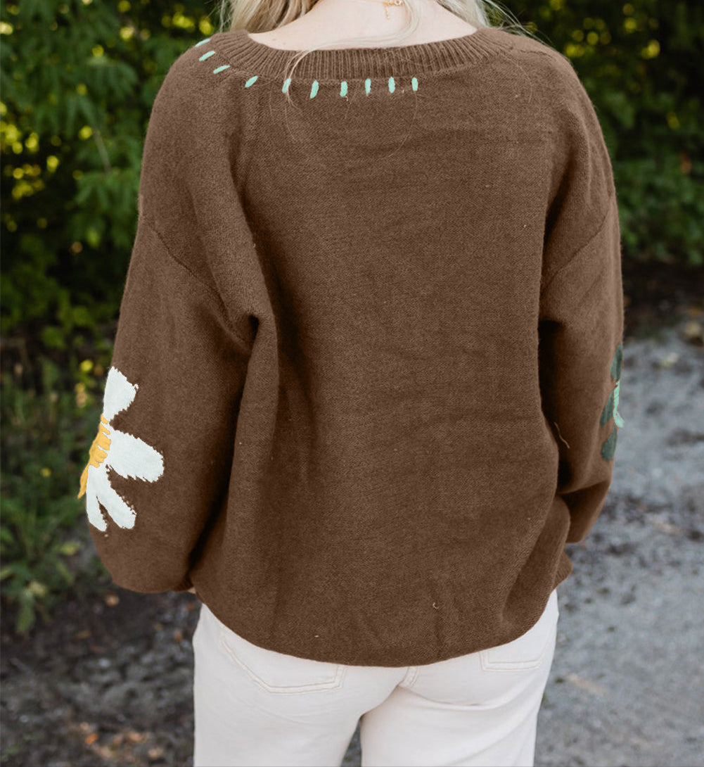 Big Flower Pattern V Neck Sweater *multiple colors* LT