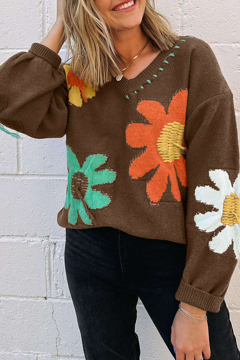 Big Flower Pattern V Neck Sweater *multiple colors* LT