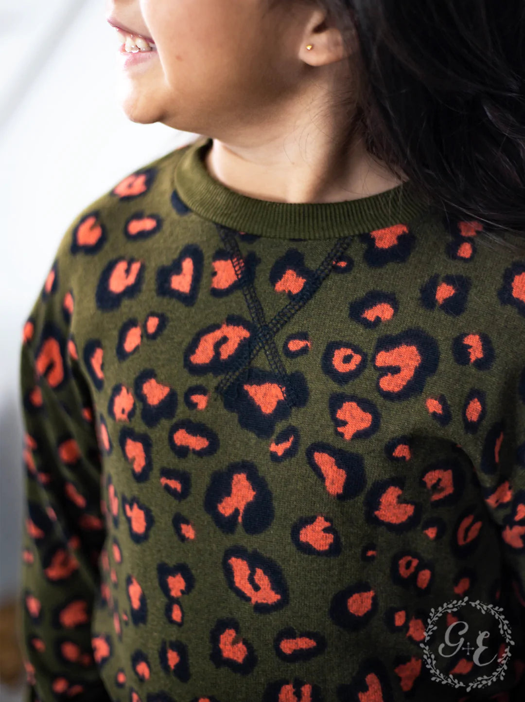 Girls’ Rawr Like a Leopard Long Sleeve Round Neck Sweater with Knit Wrist, Green