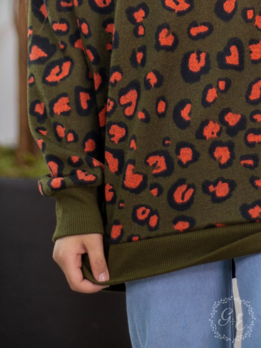 Girls’ Rawr Like a Leopard Long Sleeve Round Neck Sweater with Knit Wrist, Green