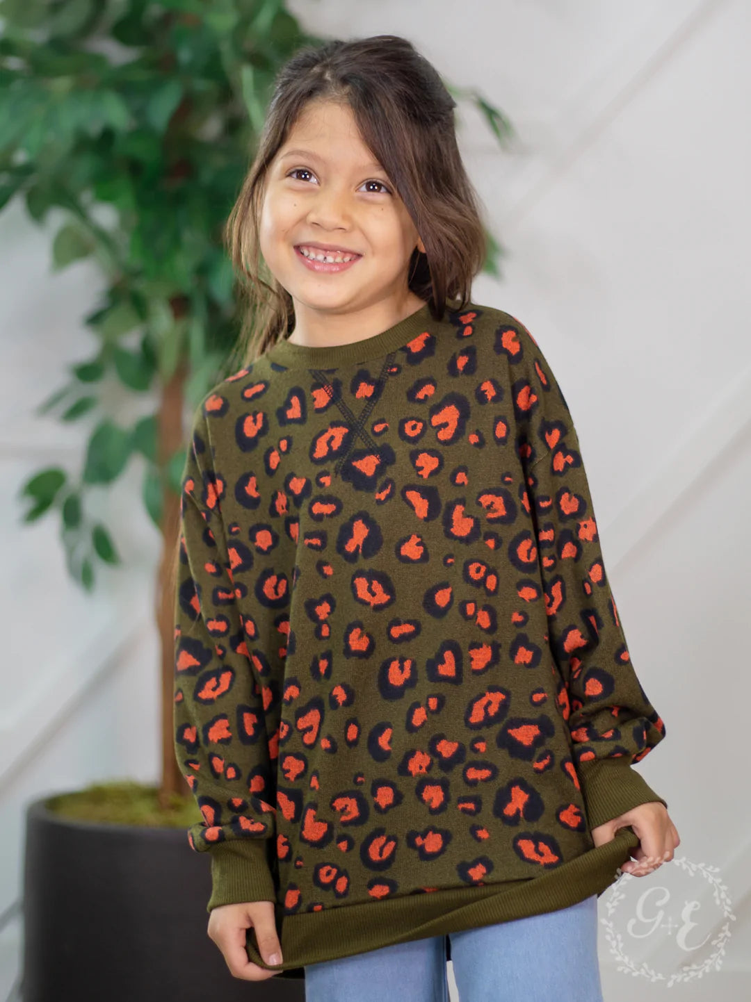 Girls’ Rawr Like a Leopard Long Sleeve Round Neck Sweater with Knit Wrist, Green