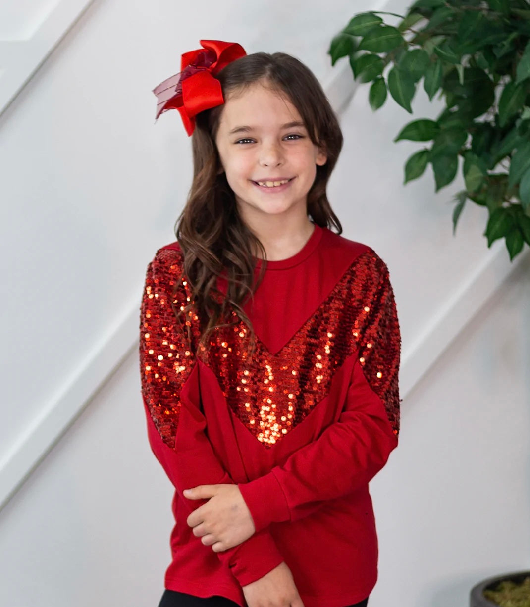 Girls’ A Diva Named V Balloon Long Sleeve with Sequins, Red