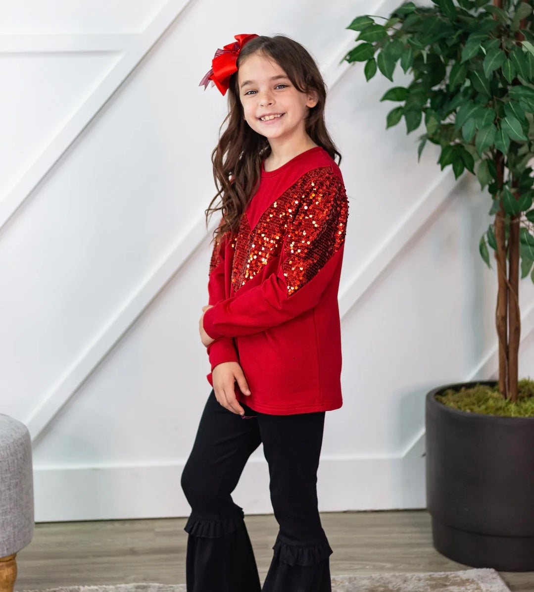 Girls’ A Diva Named V Balloon Long Sleeve with Sequins, Red
