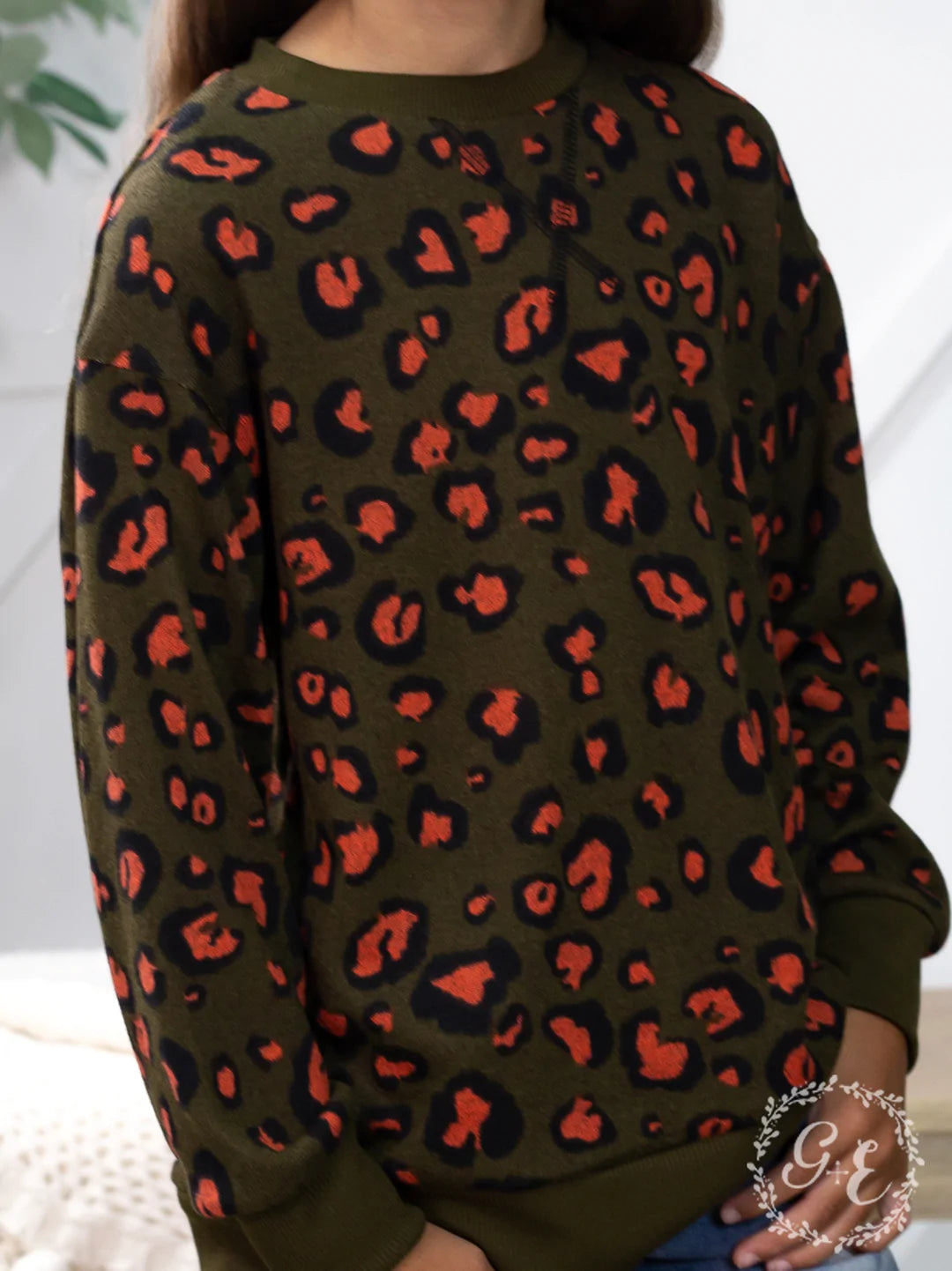 Girls’ Rawr Like a Leopard Long Sleeve Round Neck Sweater with Knit Wrist, Green