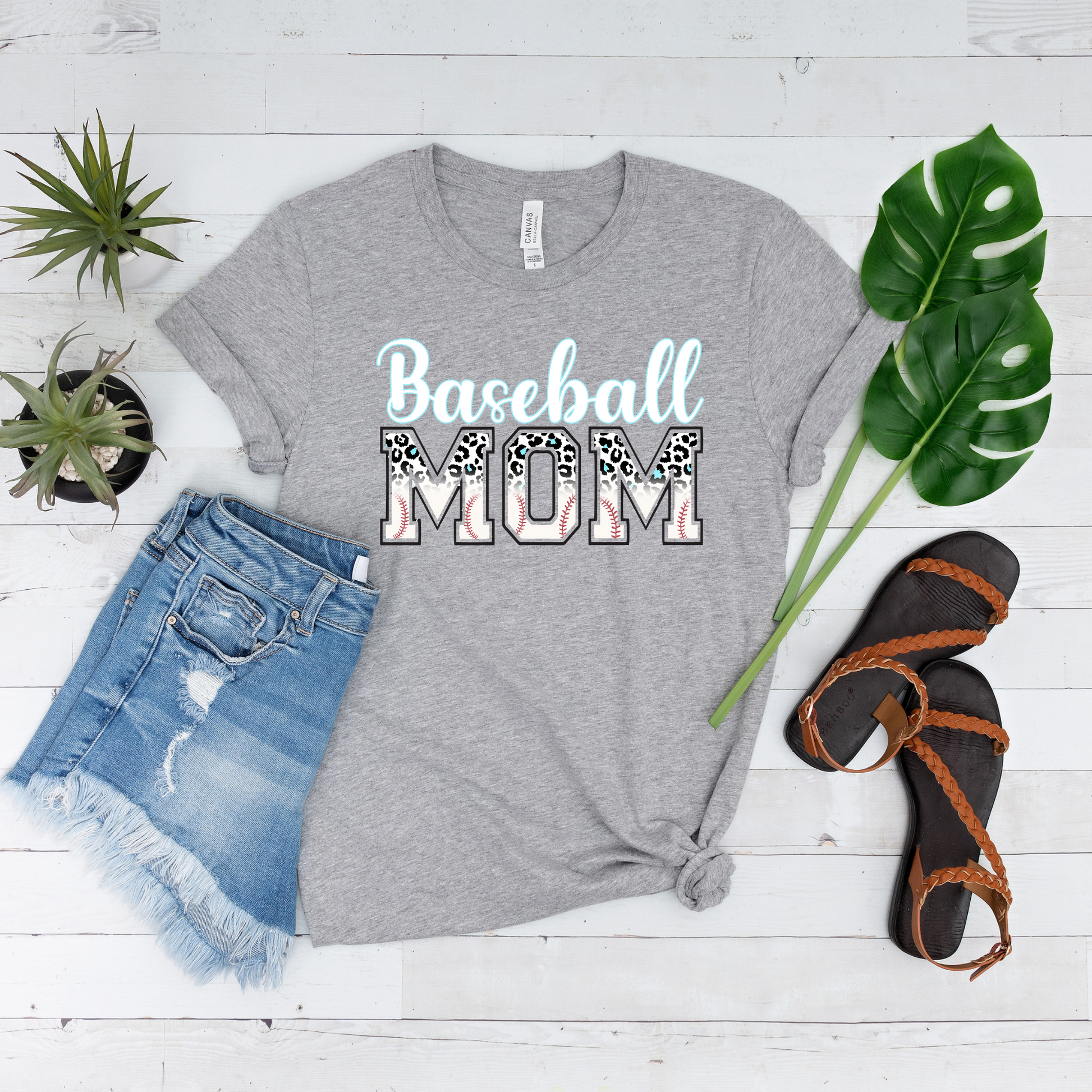 Wholesale Leopard Baseball Mom Graphic Tee - Grey Tee