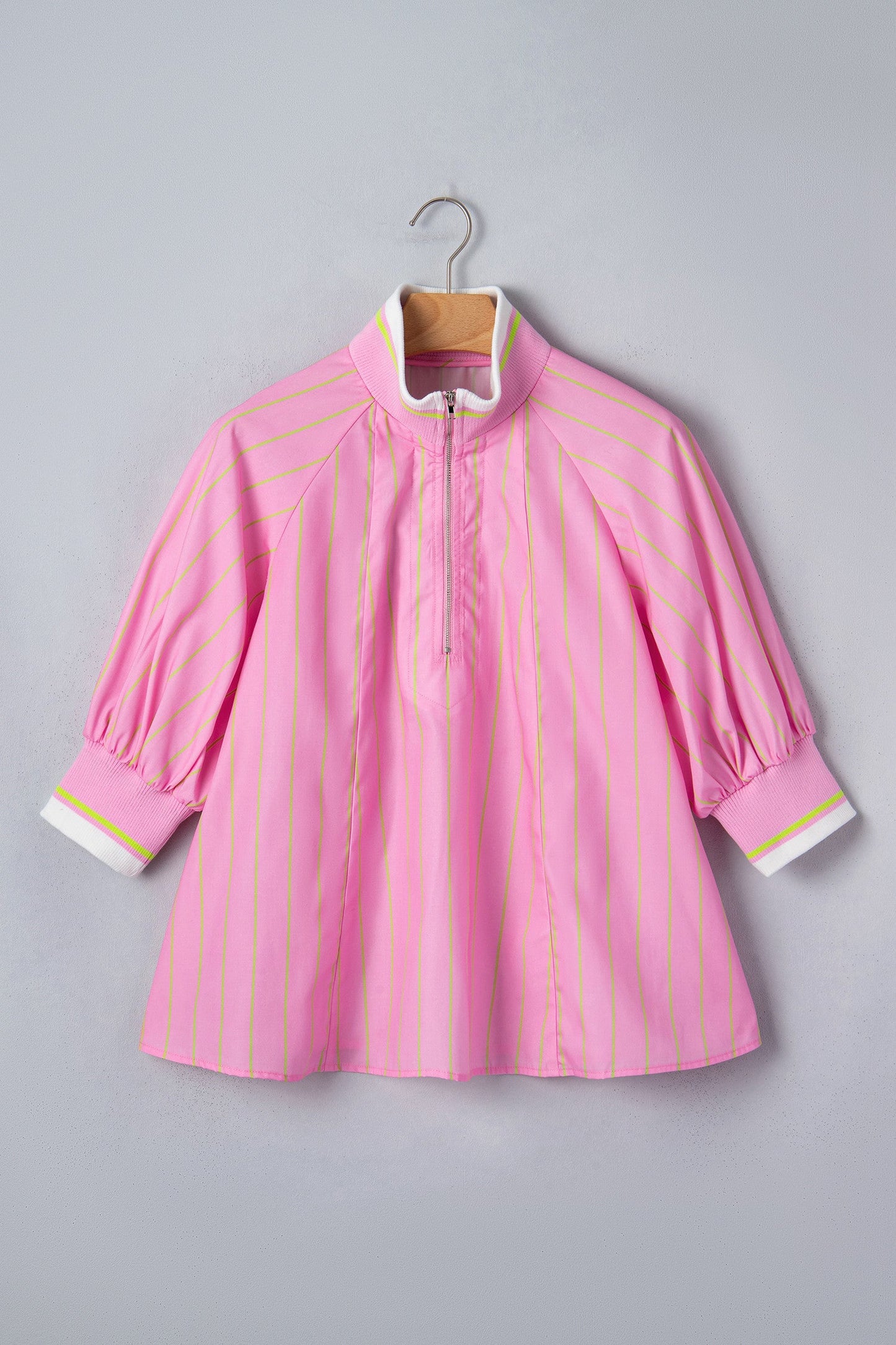 Pink Stripe Zipper Cuff Blouse