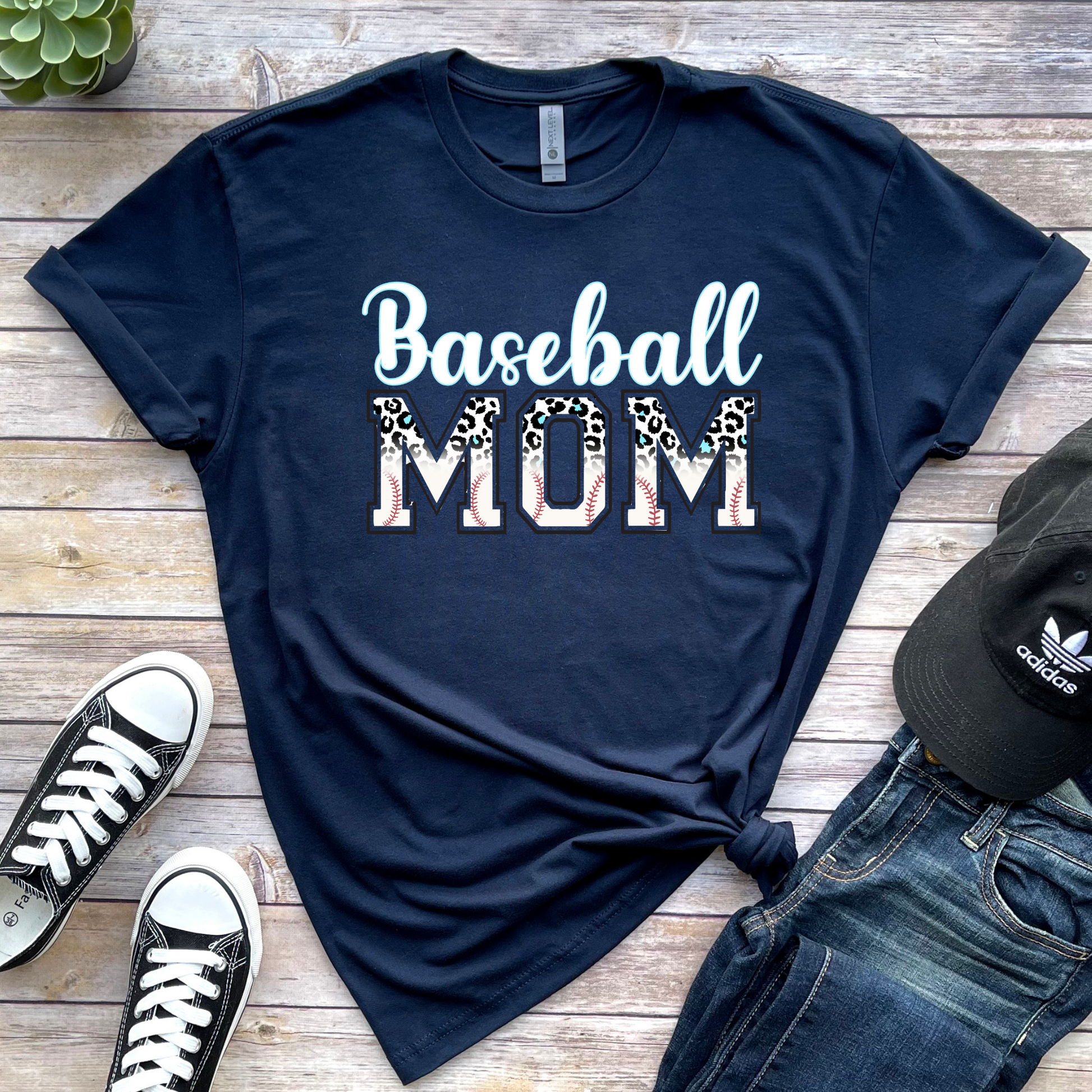 Wholesale Leopard Baseball Mom Graphic Tee - Navy Tee