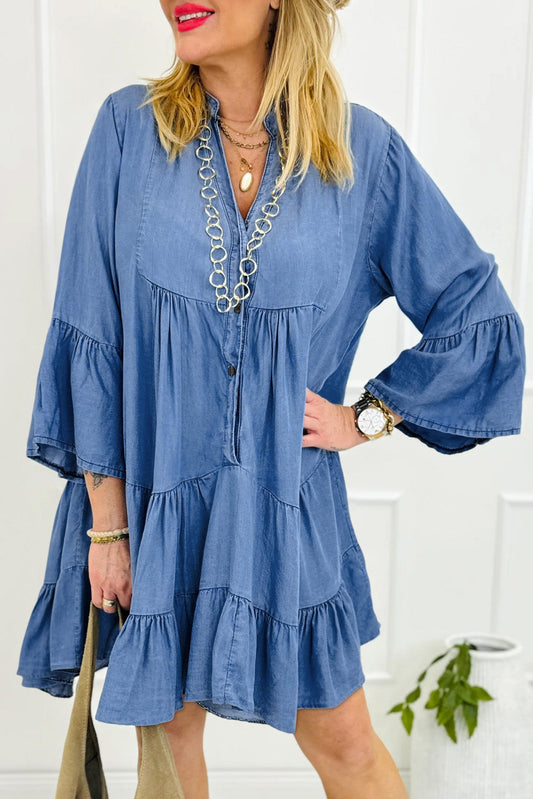 Blue Chambray Ruffled Dress RTS