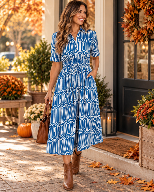 Blue Geometric Drawstring Dress