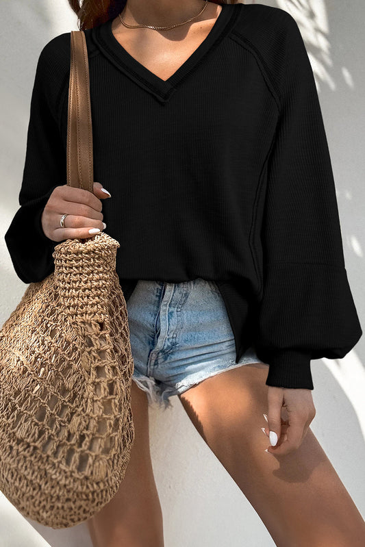Black Textured V Neck LT