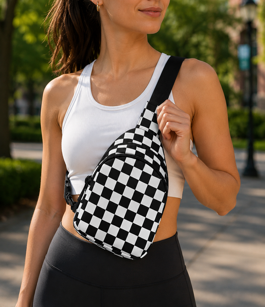 Black Checker Zip Sling Bag