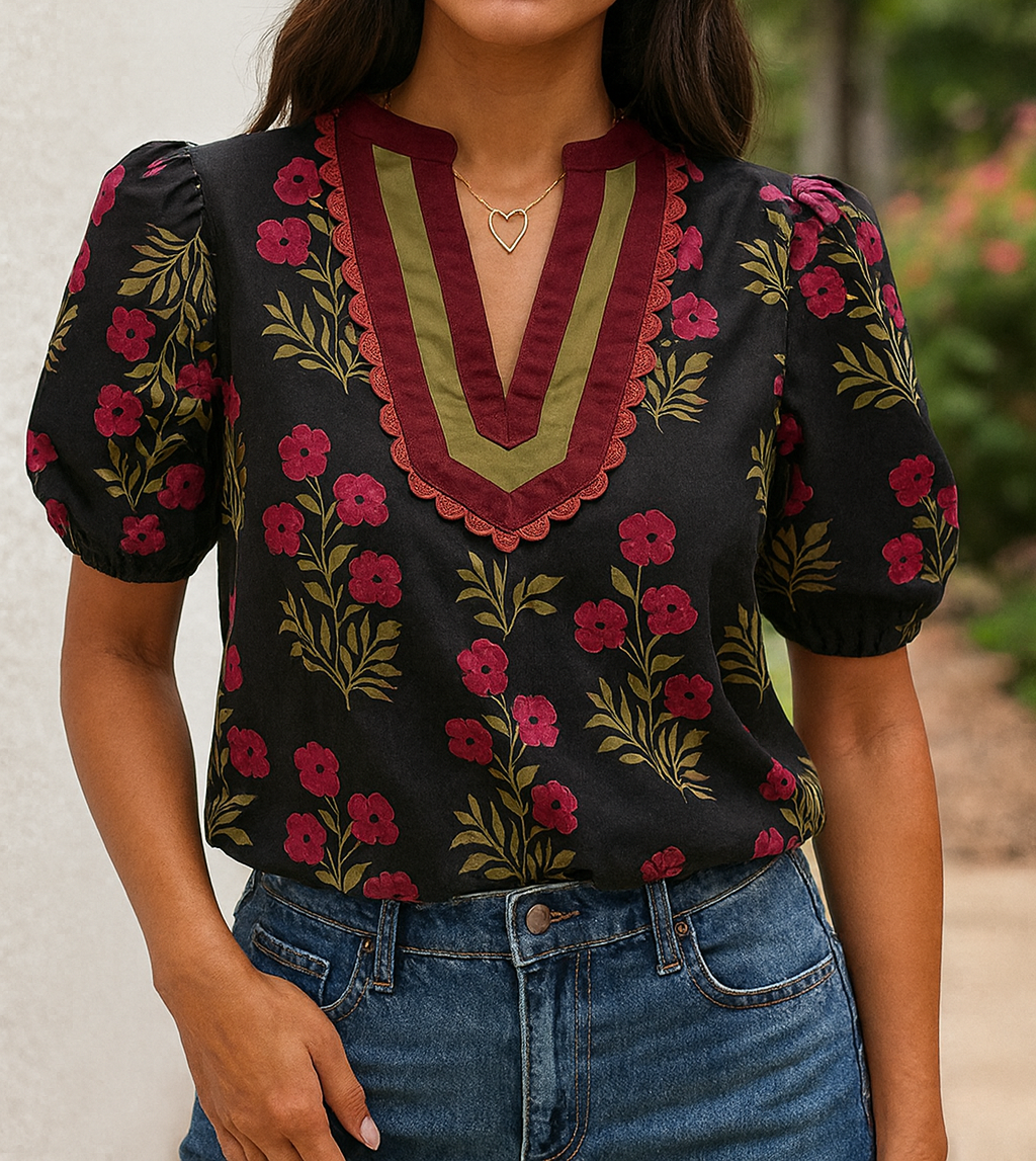 Floral Contrast Slit Blouse LT