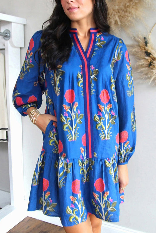 Blue Floral Notched Neck Dress August.