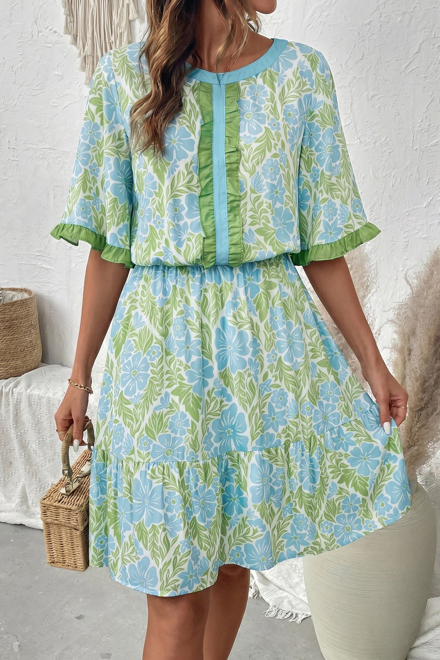 Blue Floral Ruffle Dress