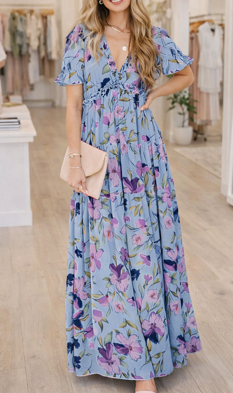 Blue Floral Frilled Maxi Dress March.