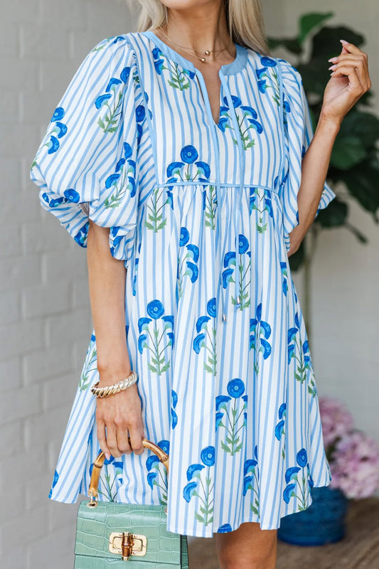 Blue Floral Striped Dress RTS