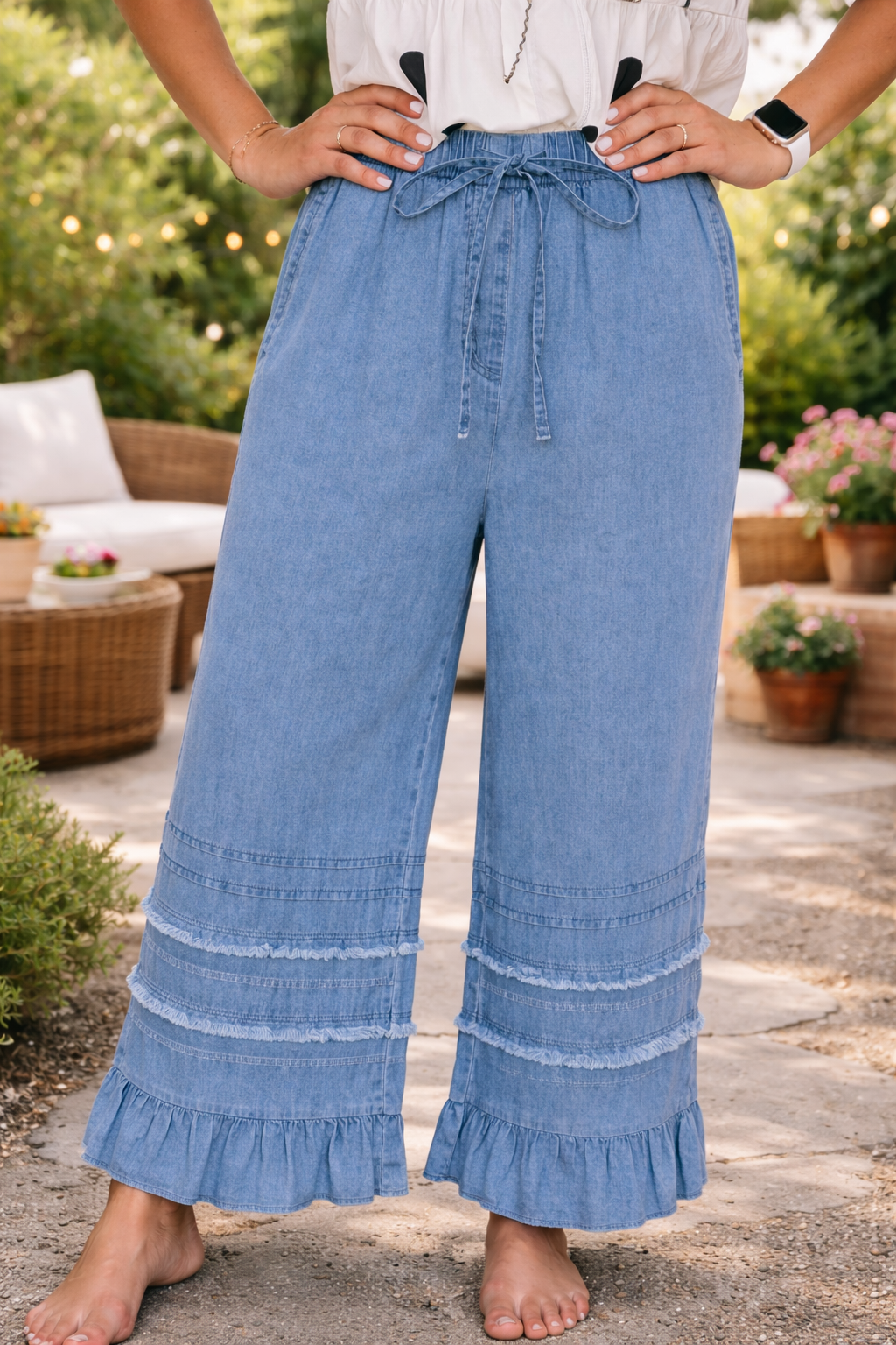 Blue Ruffled Chambray Pants RTS