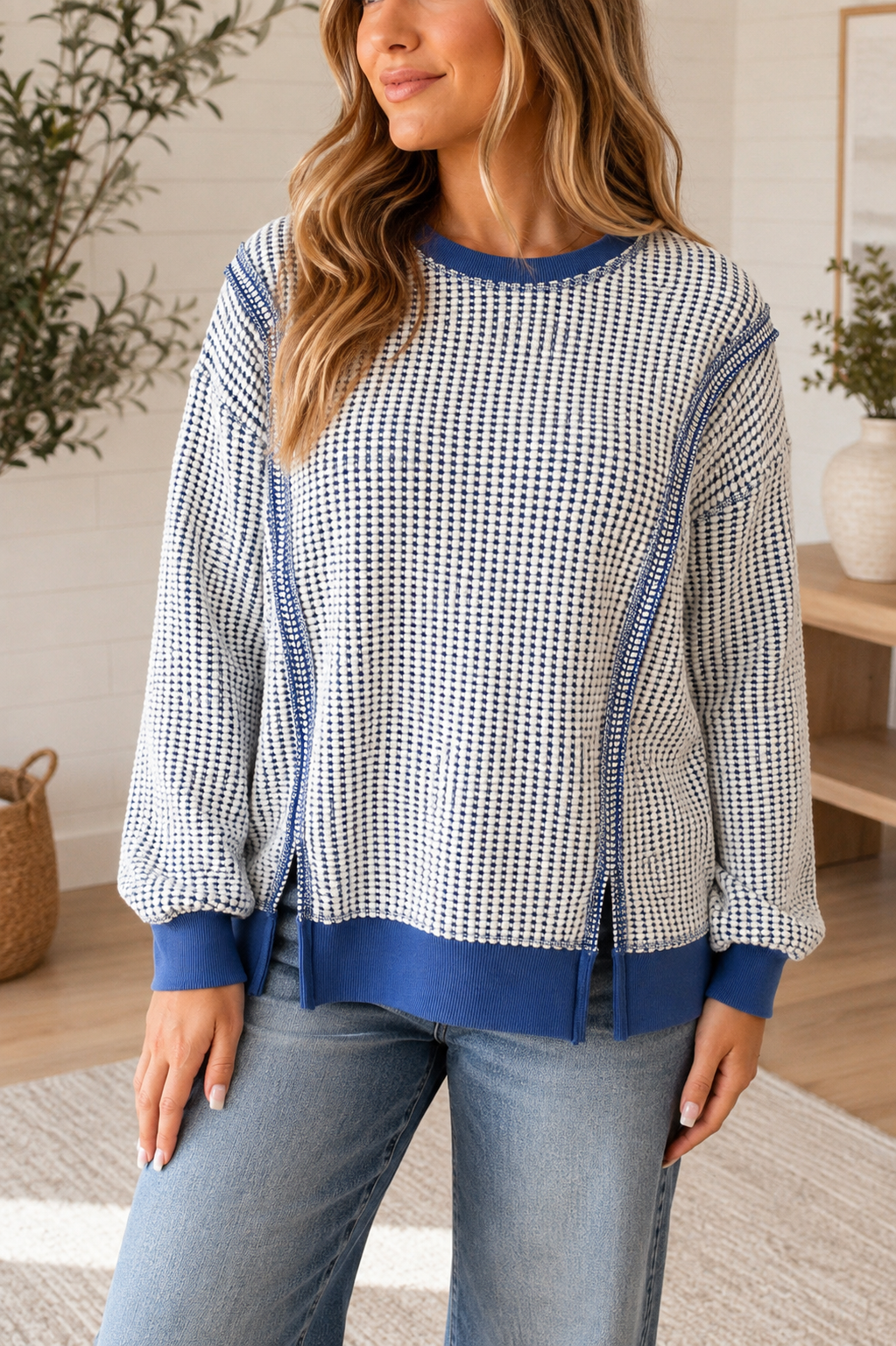 Blue Waffle Knit Stitching Top
