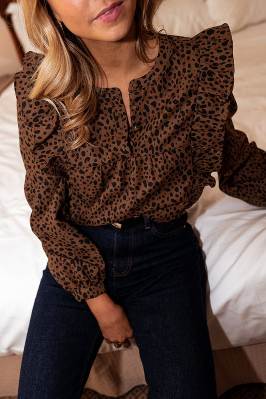 Brown Leopard Ruffle Sleeve Blouse LT