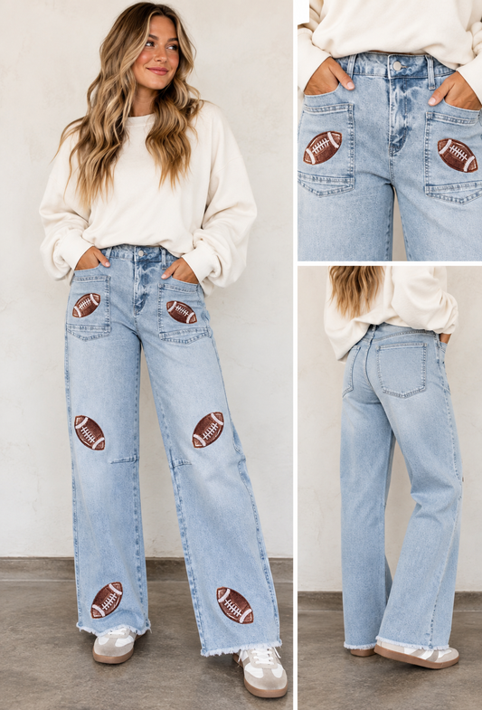 Football Sequin Patch Jeans RTS