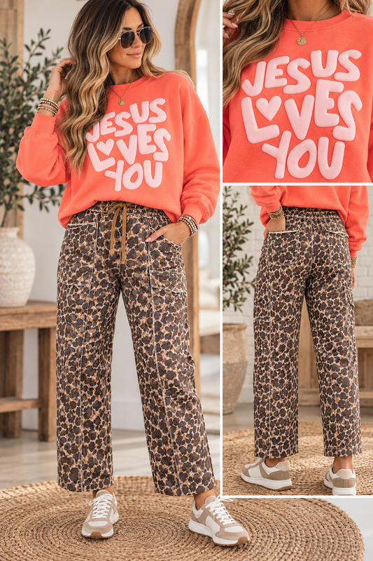 Leopard Exposed Seam Drawstring Pants