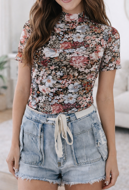 Floral High Neck Mesh Top LT