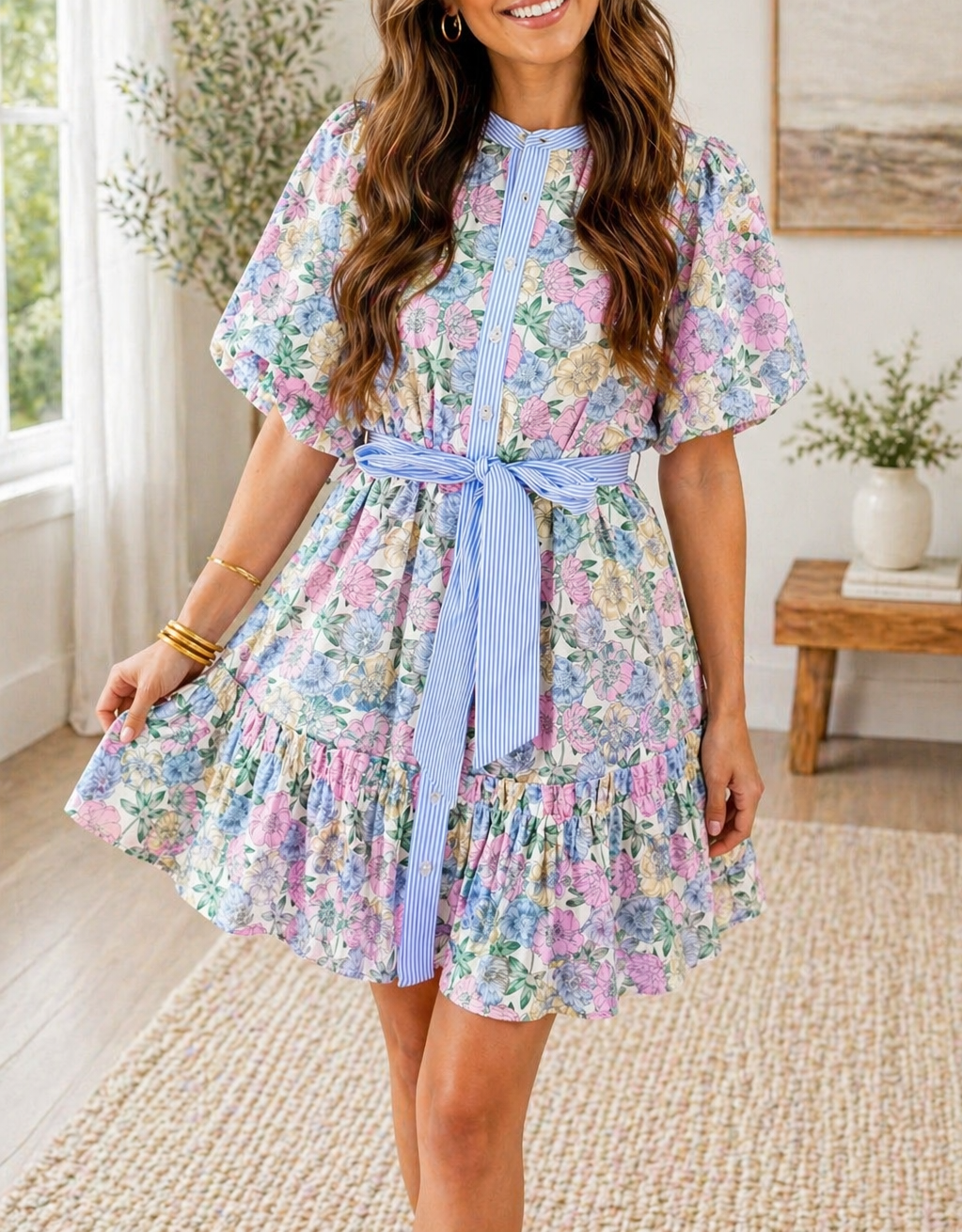 Floral Trim Belted Dress