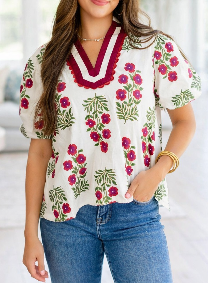 Floral Contrast Slit Blouse LT