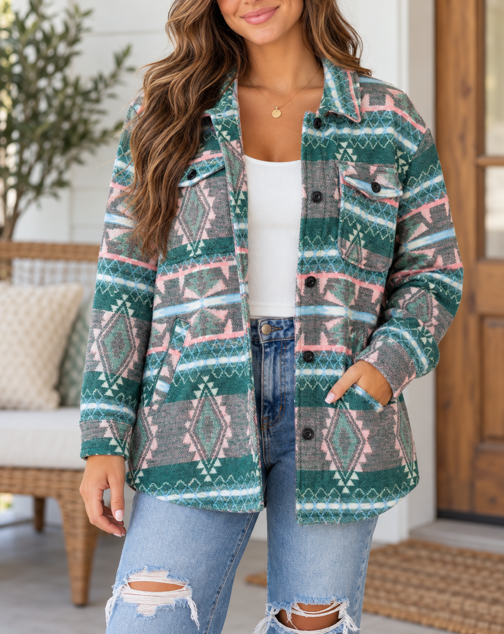 Green Geometric Print Shacket