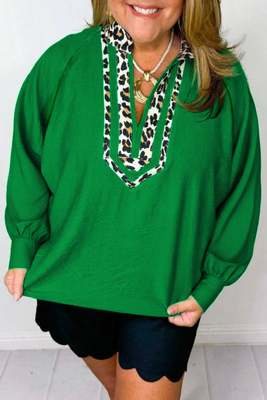 Green Plus Size Leopard Trim Blouse RTS