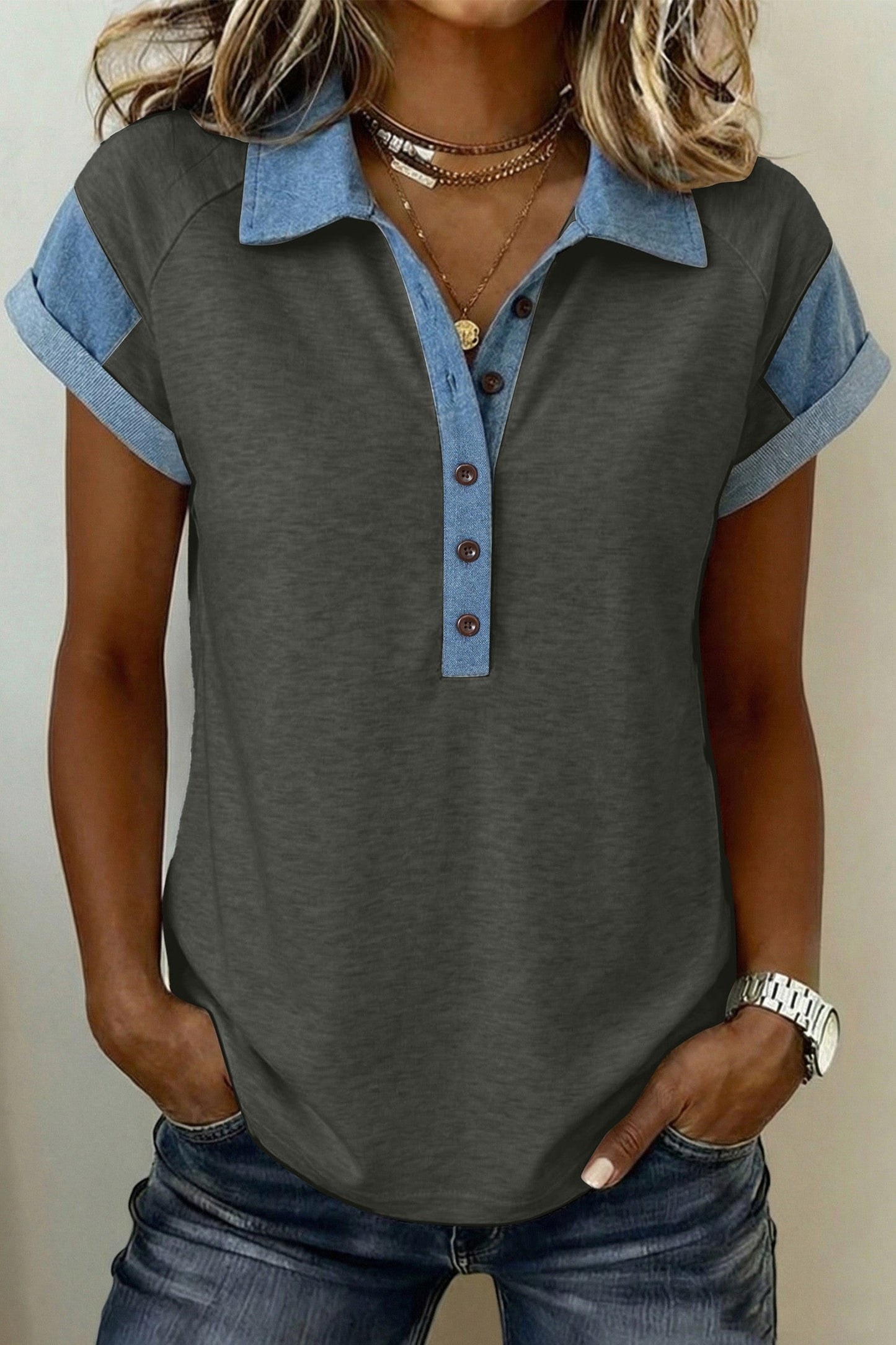 Grey Denim Collar Blouse