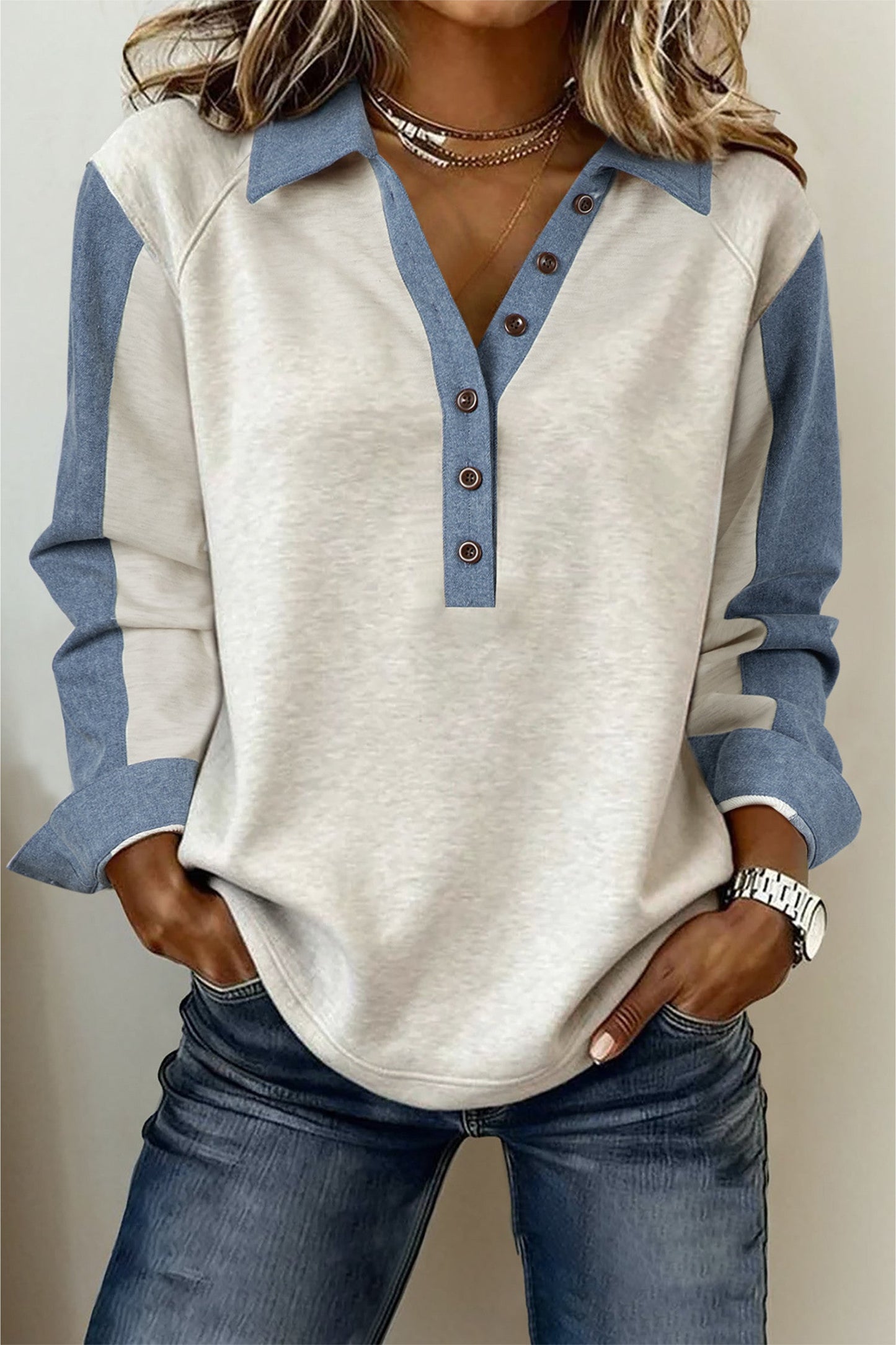 Grey Denim Buttoned Polo Top LT