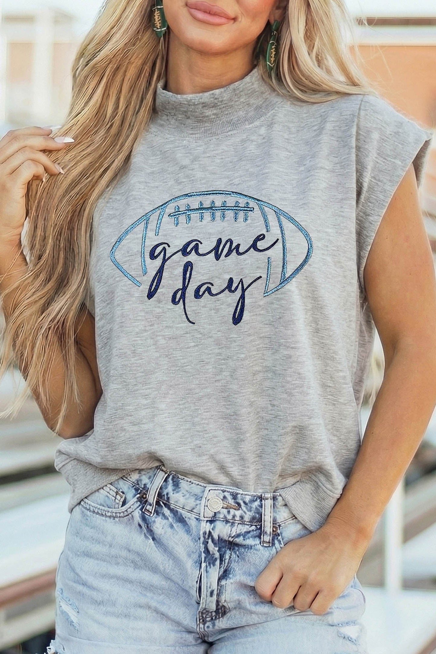 Grey Embroidered Game Day Top