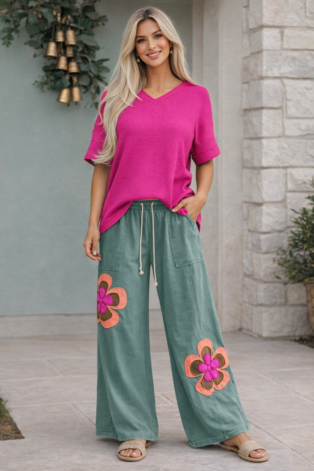 Flower Patchwork Drawstring Pants